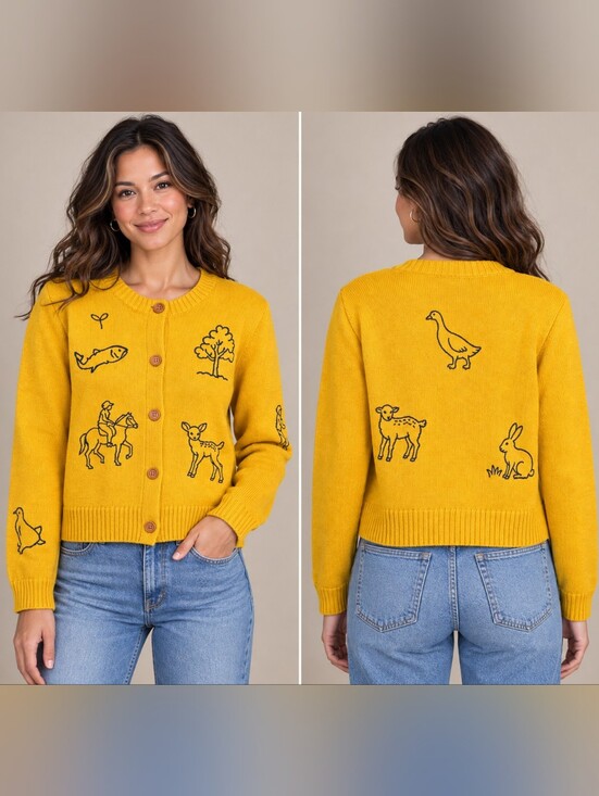 Camilla Sweaters - Camellia Mustard Yellow Embroidered Nature Button Front Cardigan L A-322